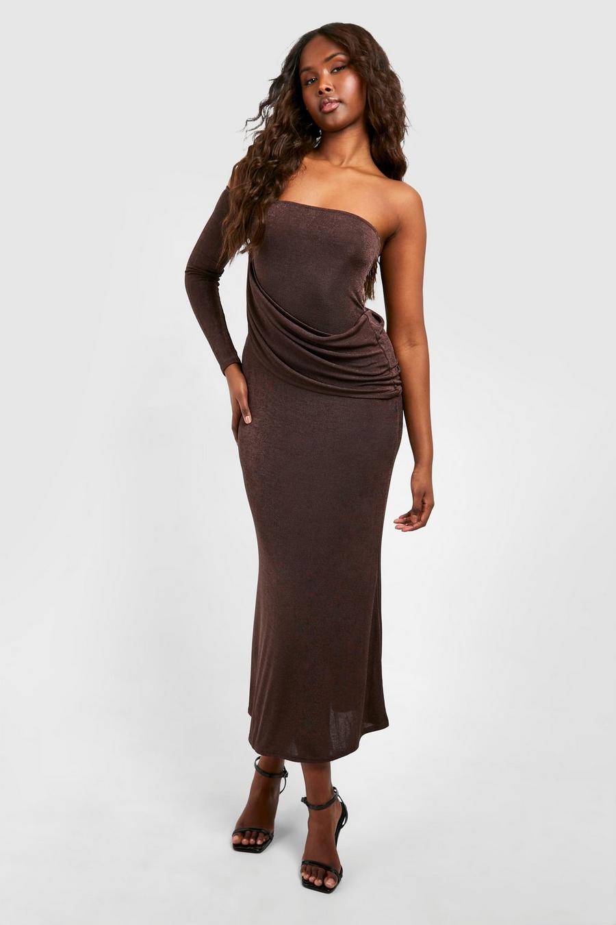 Chocolate Wrap Ruched Acetate Slinky Maxi Dress image number 1