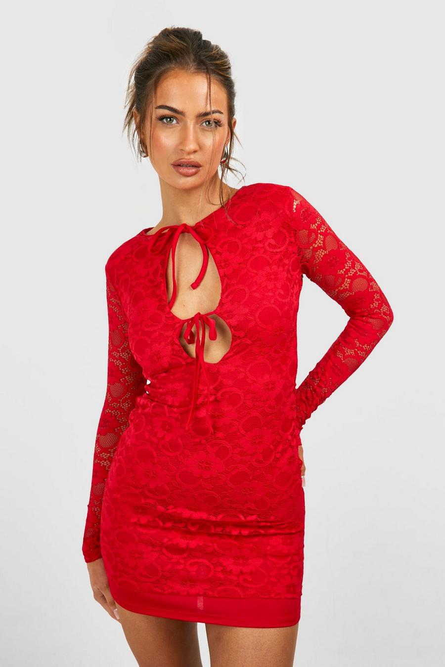 Vestido mini de encaje con abertura y atadura frontal, Red image number 1