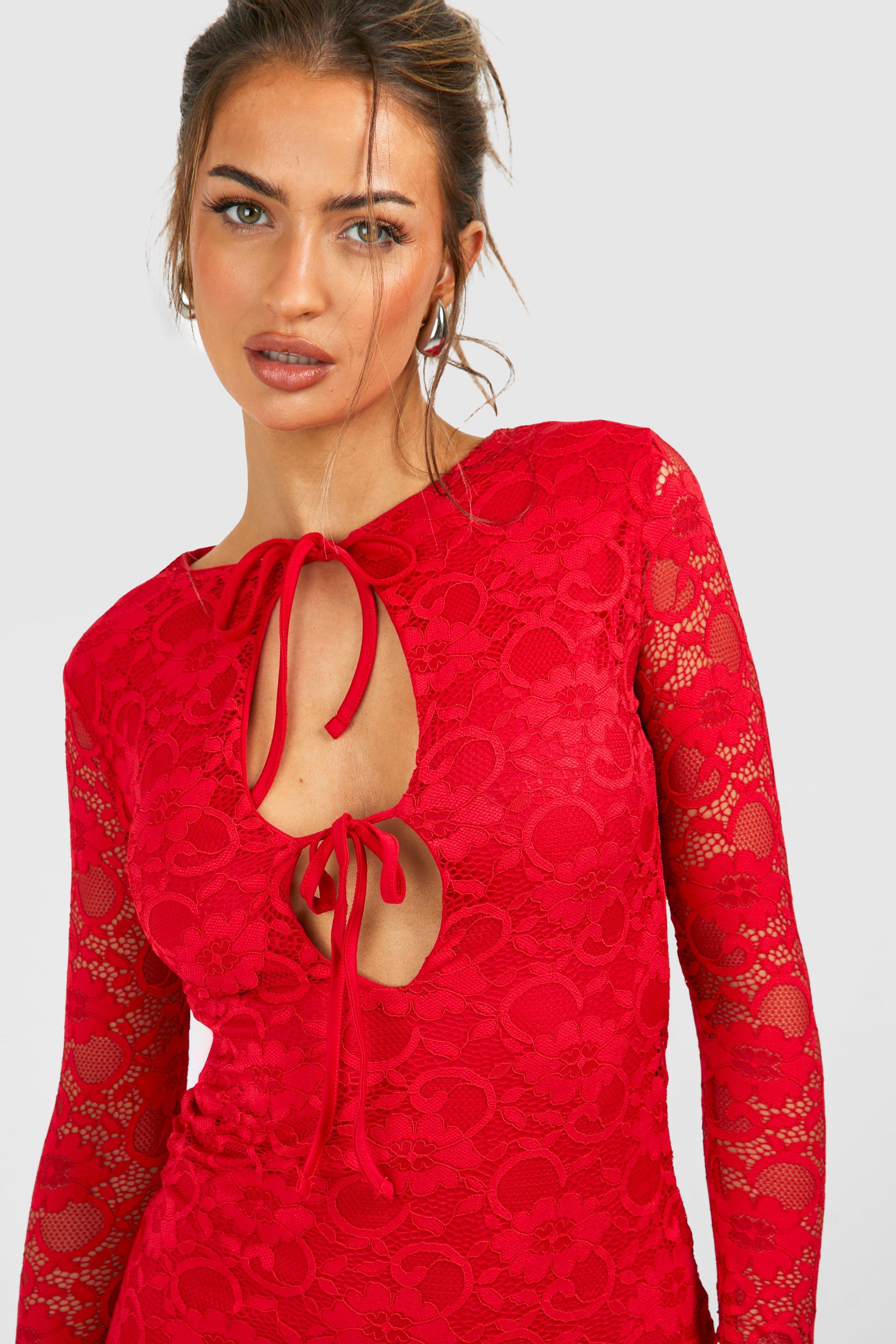 Boohoo red lace dress clearance