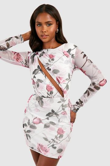 Mesh Geplooide Bloemenprint Mini Jurk Met Uitsnijding pink