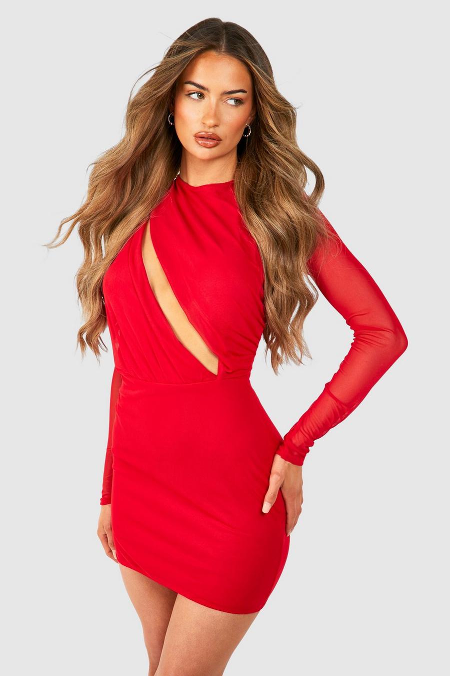 Red Mesh Cut Out Ruched Mini Dress image number 1