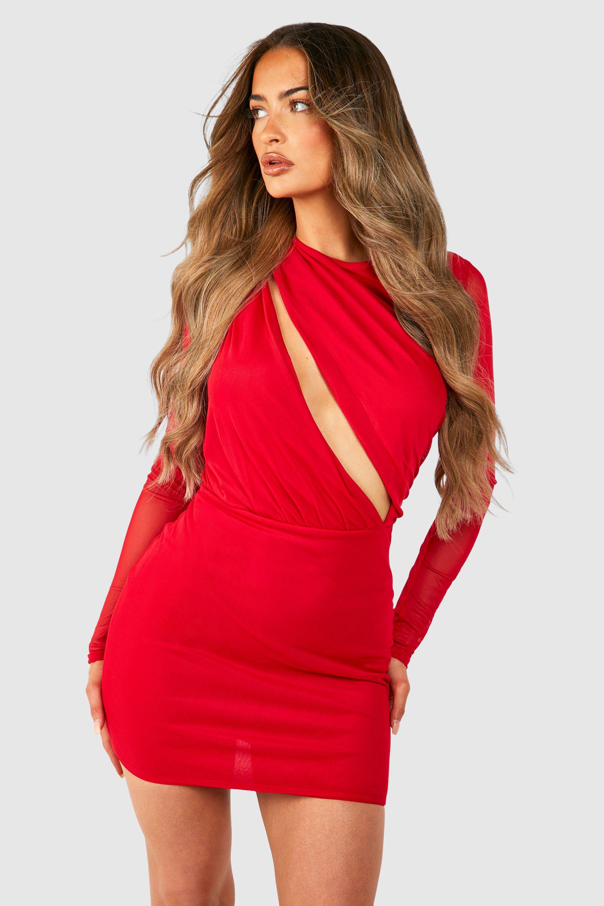Red ruched mini dress sales