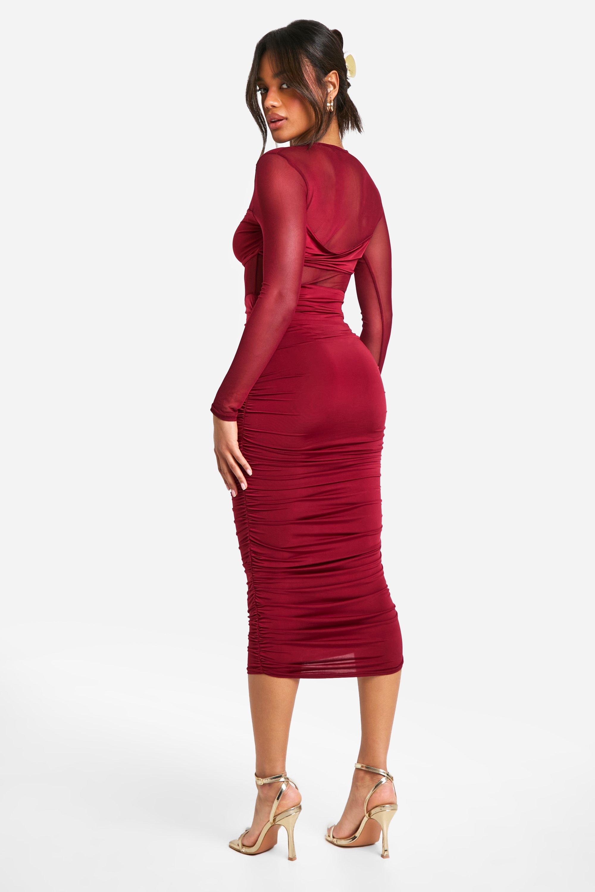 Mesh And Slinky Ruched Midi Dress | boohoo USA