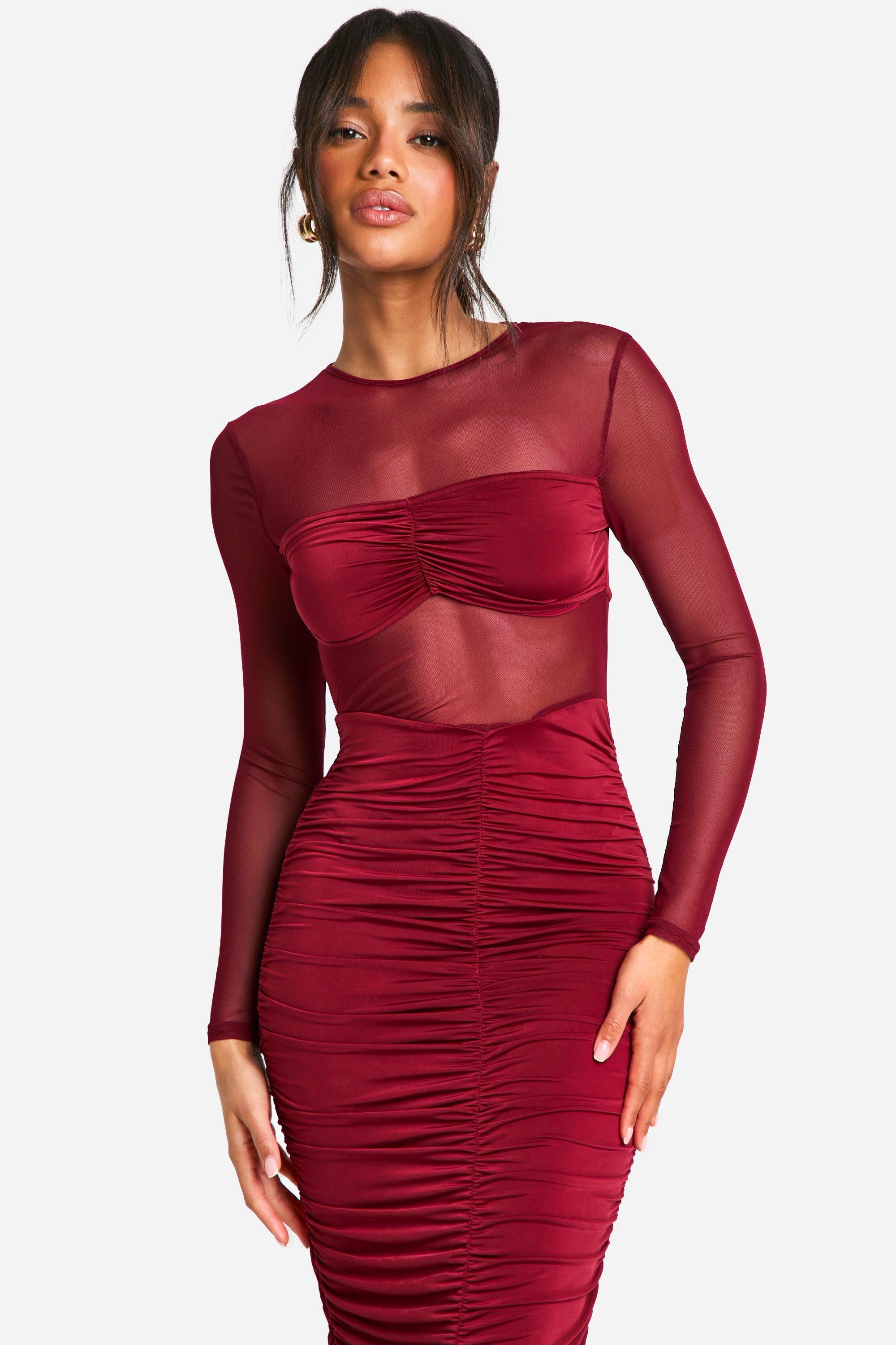 Mesh And Slinky Ruched Midi Dress | boohoo USA