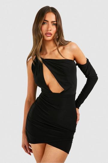 Black Asymetric Cut Out Slinky Mini Dress