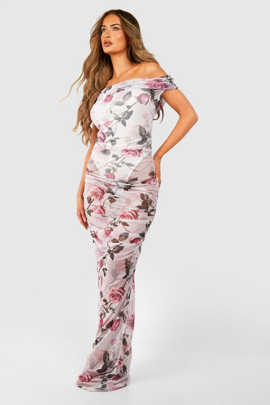 Pink Bardot Floral Ruched Mesh Maxi Dress image number 1