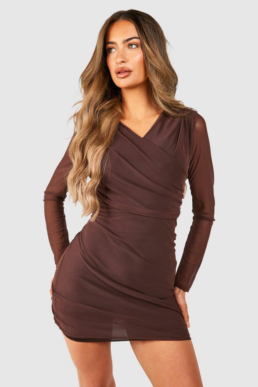 Chocolate Mesh Cross Over Ruched Mini Dress image number 1