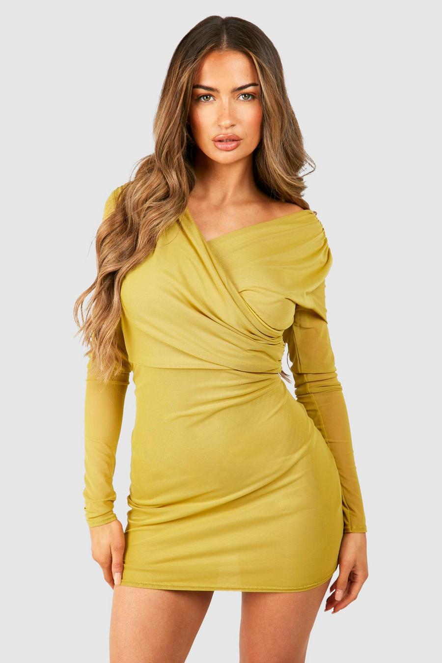 Olive Mesh Cross Over Ruched Mini Dress image number 1