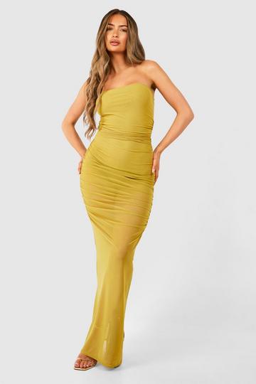 Bandeau Ruched Mesh Maxi Dress olive