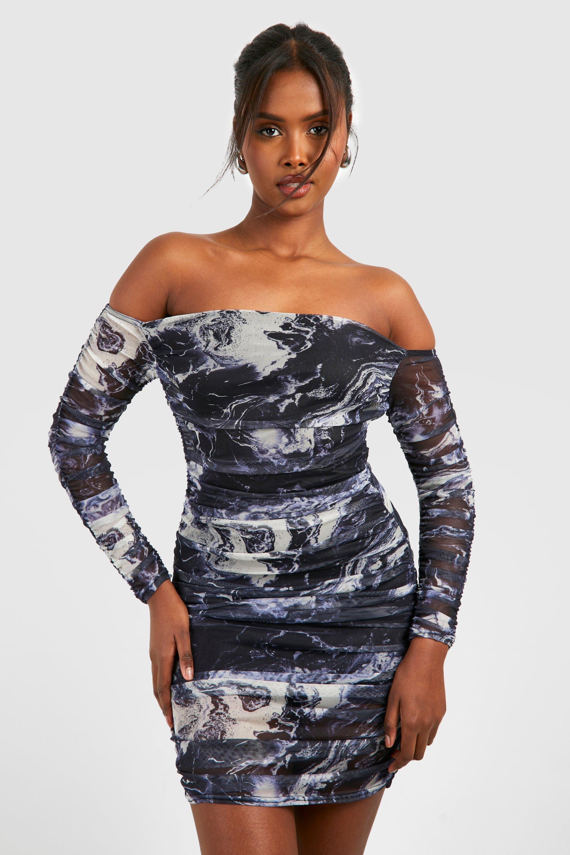 Off The Shoulder Floral Print Ruched Mesh Mini Dress | boohoo USA