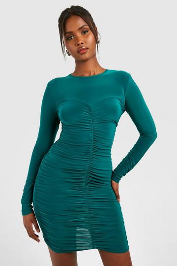 Slinky Ruched Long Sleeve Mini Dress green