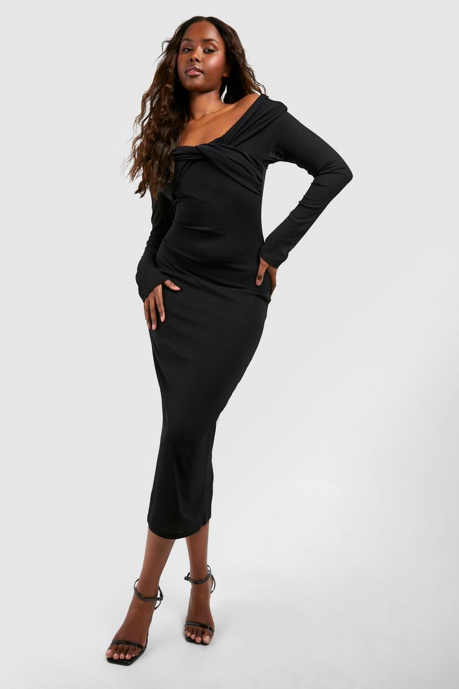 Vestito longuette in rete semi-trasparente con dettagli attorcigliati e scollo Bardot, Black image number 1
