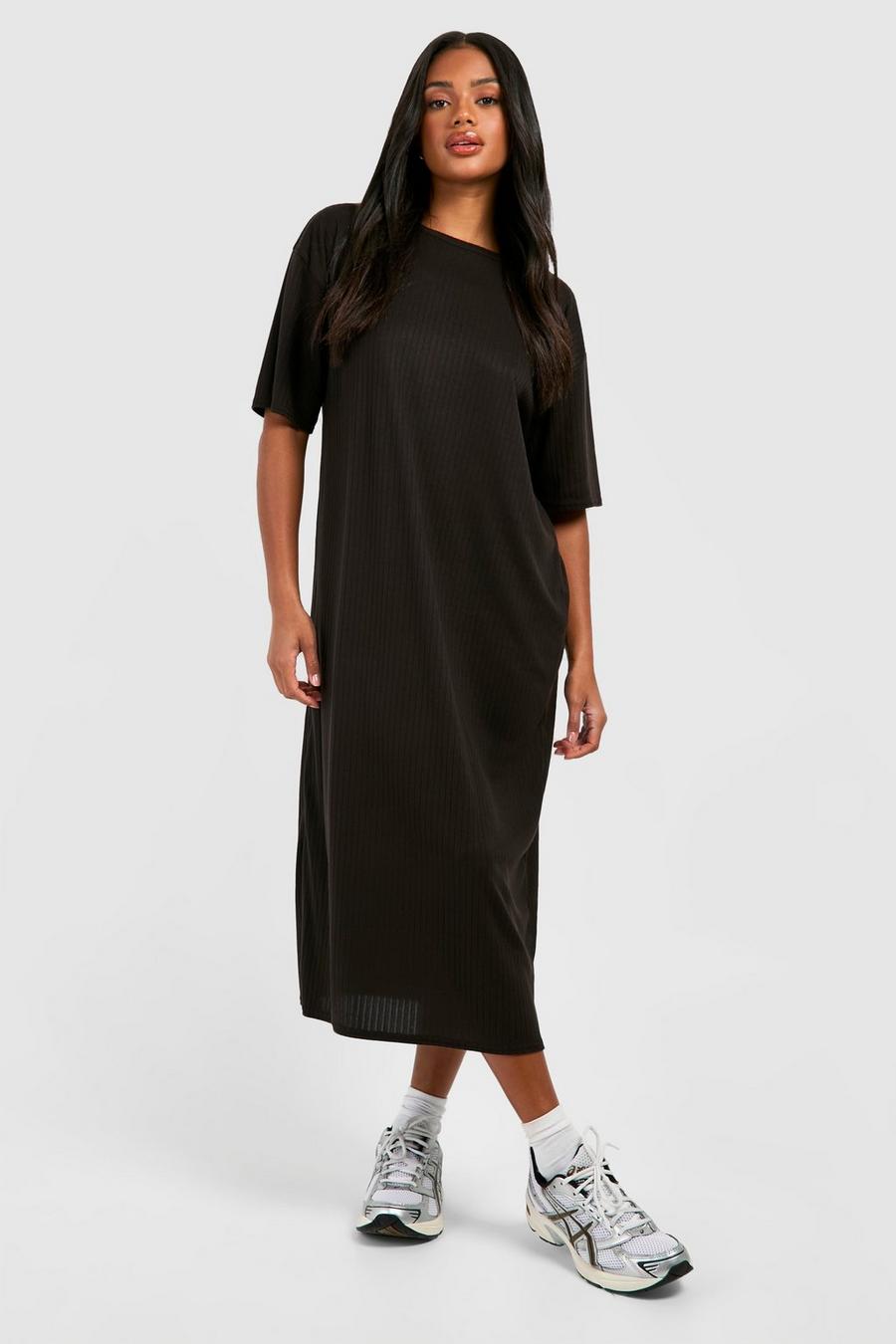 Black Oversized Brushed Rib T-shirt Midaxi Dress