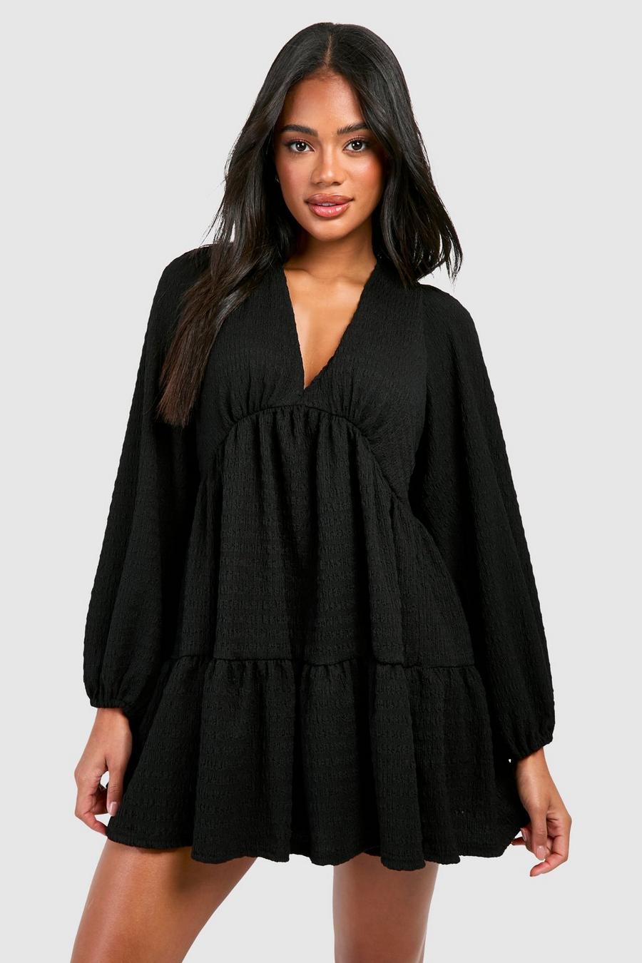 Black Textured Puff Sleeve Tie Back Long Sleeve Mini Dress image number 1