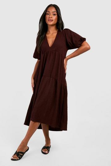 Textured Puff Sleeve Tie Back Short Sleeve Midi Dress chocolate