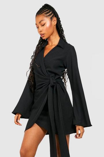 Black Textured Tie Waist Wrap Mini Dress