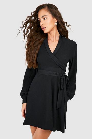 Black Textured Tie Waist Skater Dress