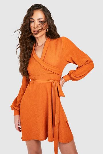 Rust Orange Textured Tie Waist Skater Dress