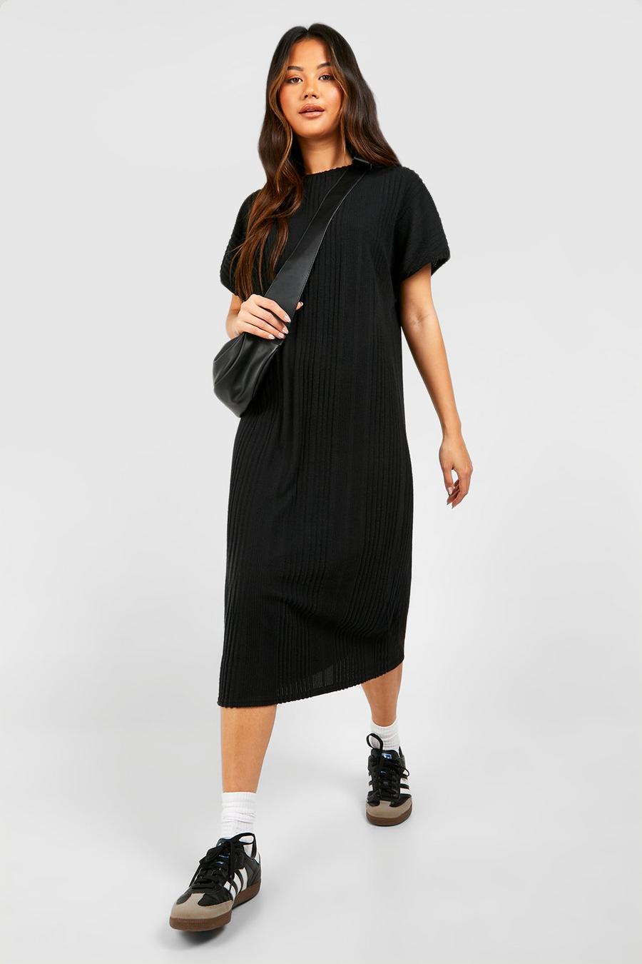Black Textured Rib Oversized Midi T-shirt Dress