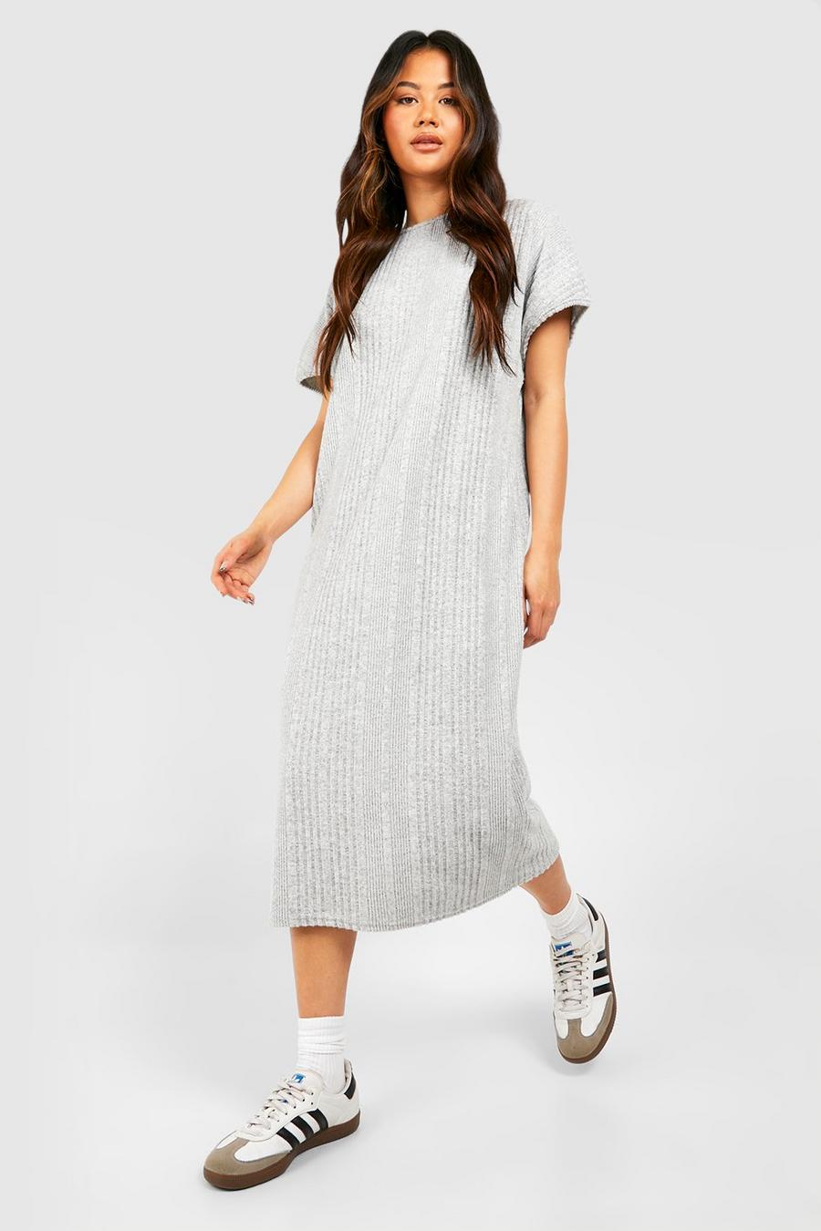 Grey marl Textured Rib Oversized Midi T-shirt Dress