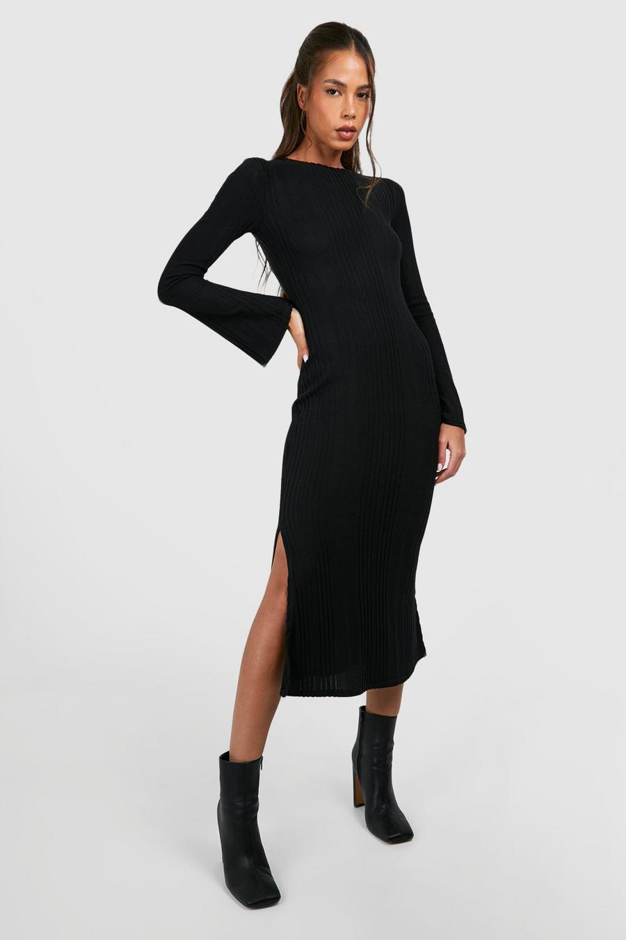 Black Textured Rib Flare Sleeve Split Leg Midi Dress