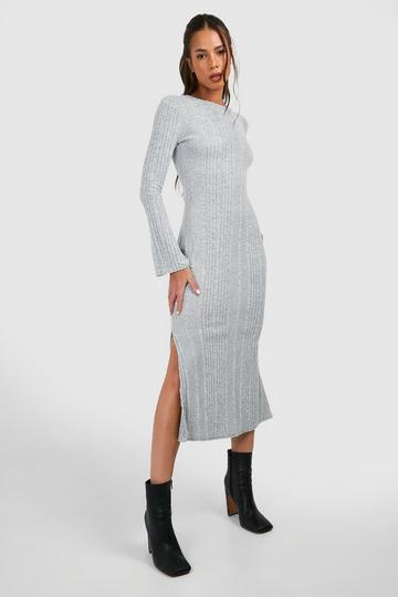Grey Textured Rib Flare Sleeve Split Leg Midi Dress