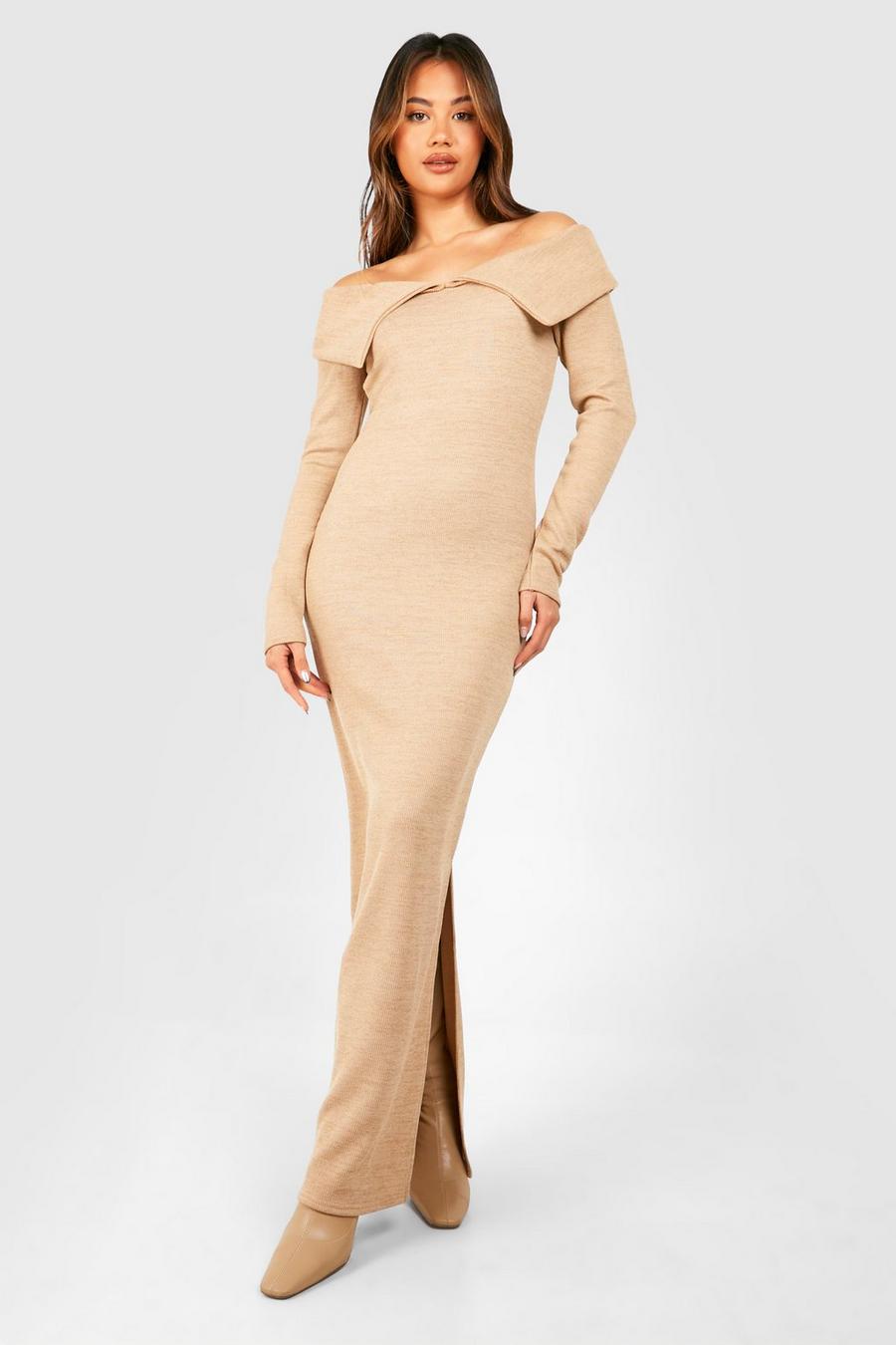 Stone Off The Shoulder Heavy Rib Long Sleeve Maxi Dress image number 1
