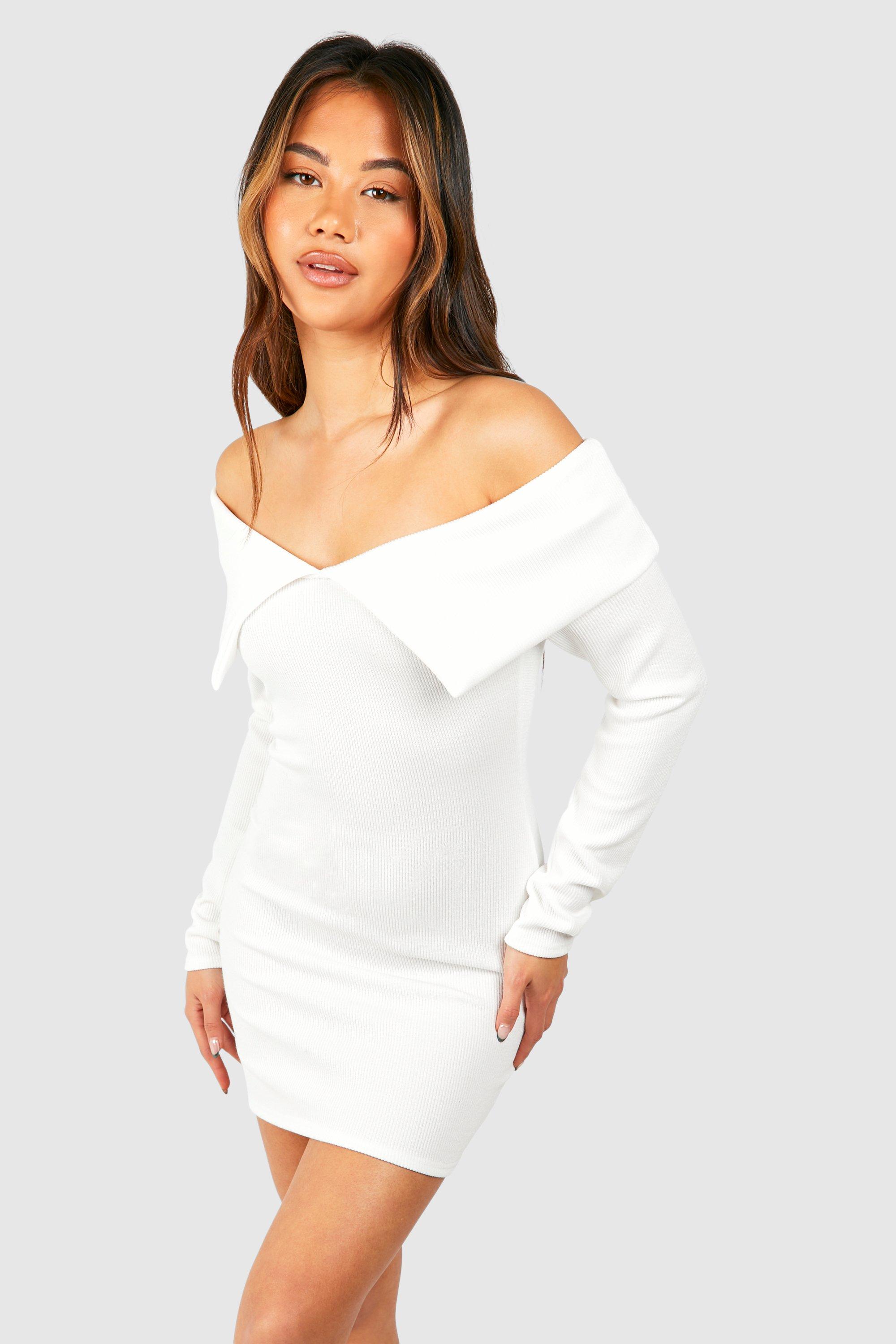 Off The Shoulder Heavy Rib Long Sleeve Mini Dress | boohoo USA