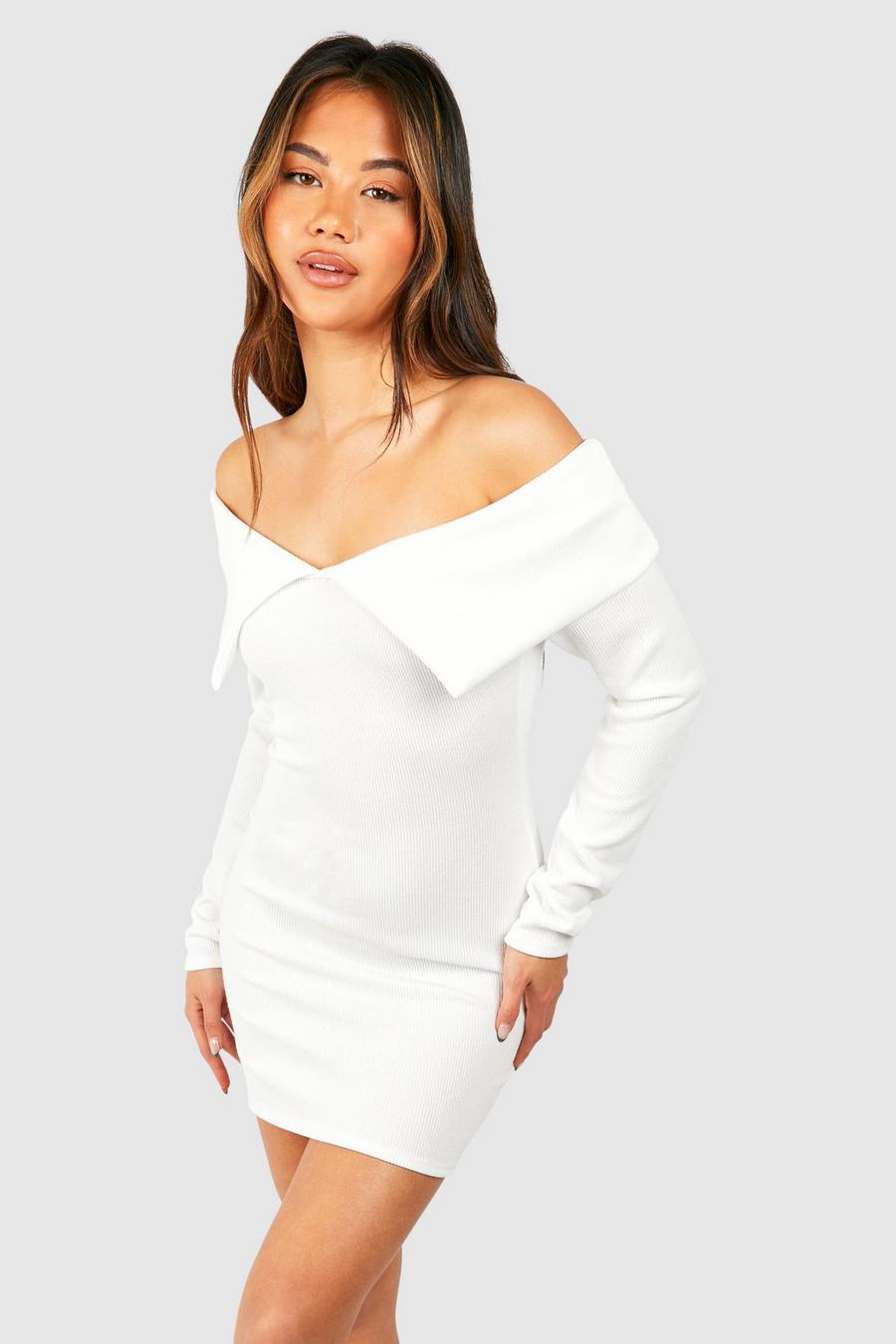 Cream white Off The Shoulder Heavy Rib Long Sleeve Mini Dress