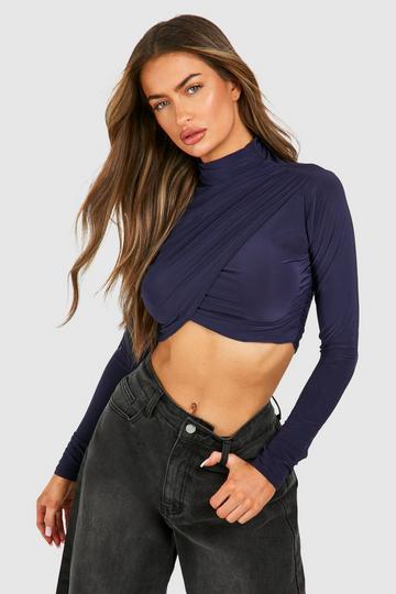 Navy Drape Front Crop Top