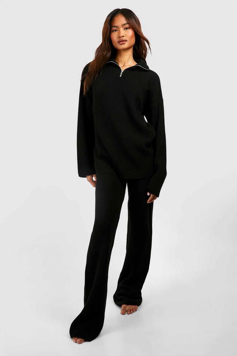 Black Tall Knitted Zip Funnel Neck Wide Leg Lounge Set