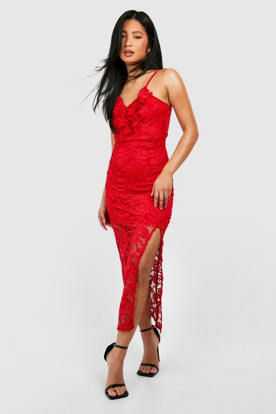 Red Petite Lace Ruffle Split Leg Midaxi Dress image number 1