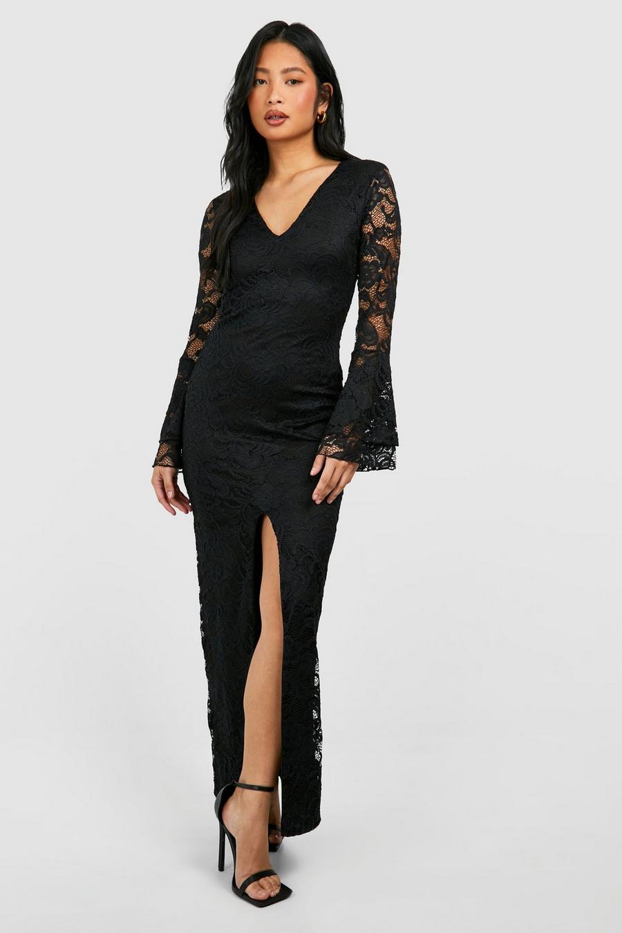 Black Petite Lace Flare Cuff Maxi Dress  image number 1