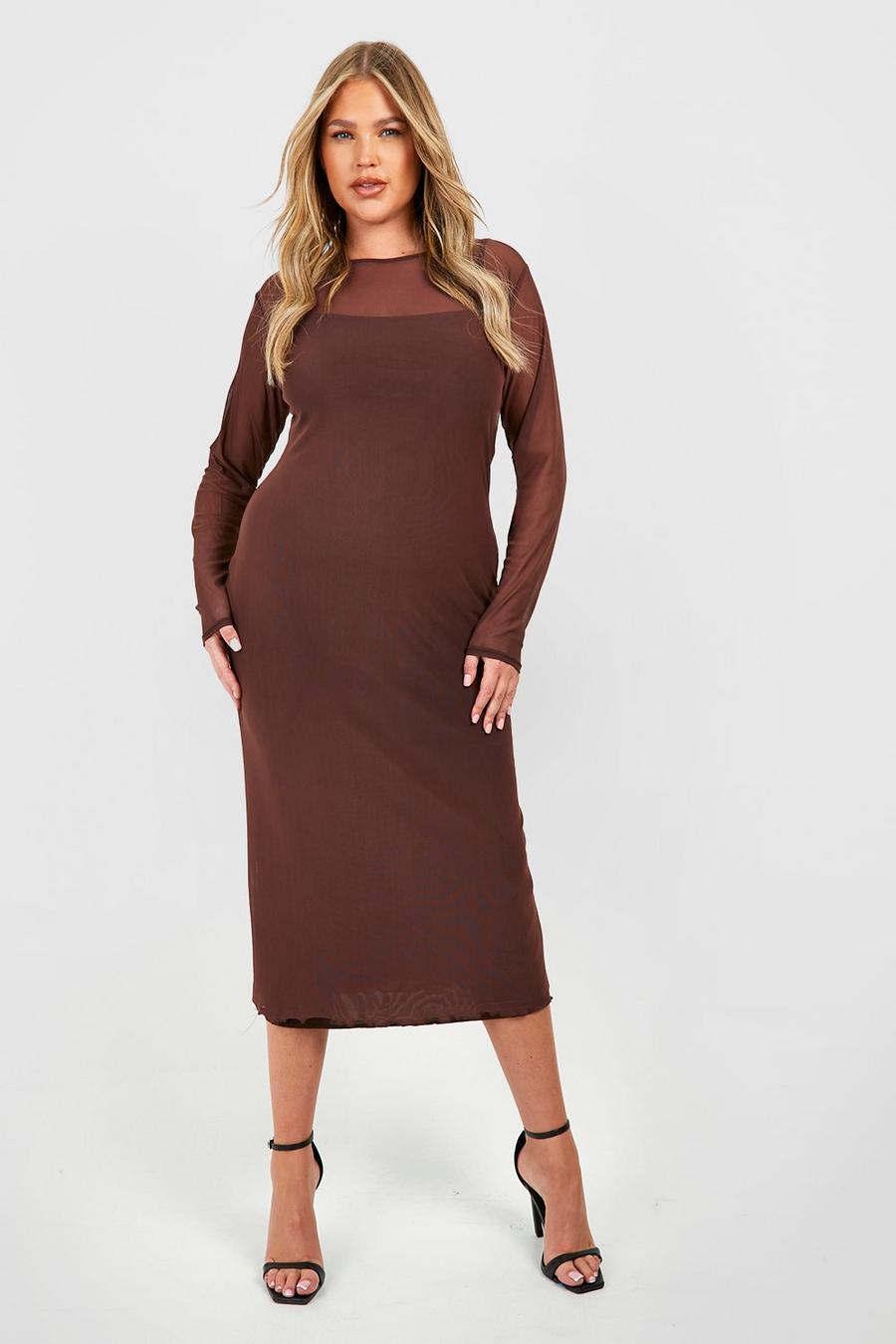 Chocolate marrón Plus Sheer Mesh Contrast Midaxi Dress