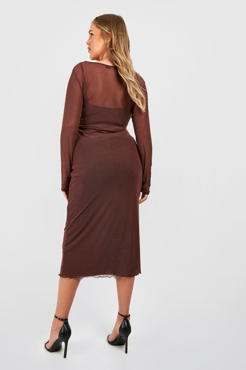 Plus Sheer Mesh Contrast Midi Dress