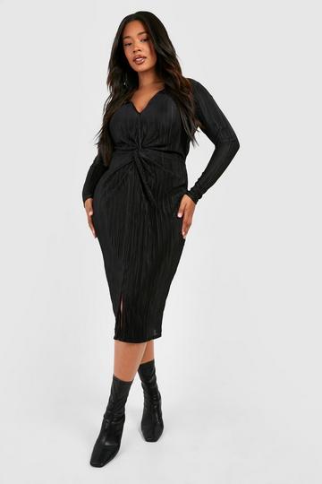 Plus Plisse Twist Front Midi Shirt Dress black