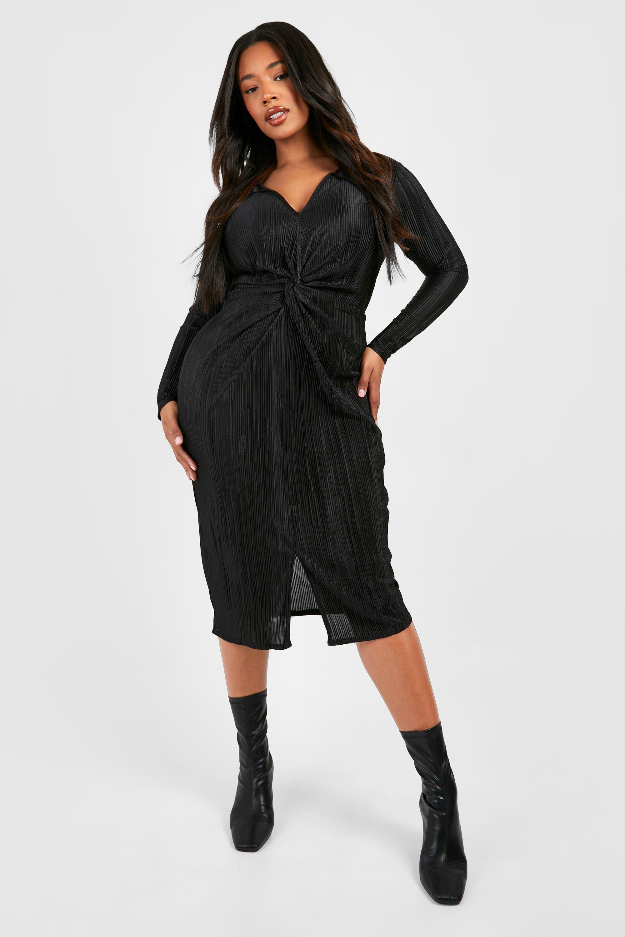 Plus Plisse Twist Front Midi Shirt Dress boohoo UK