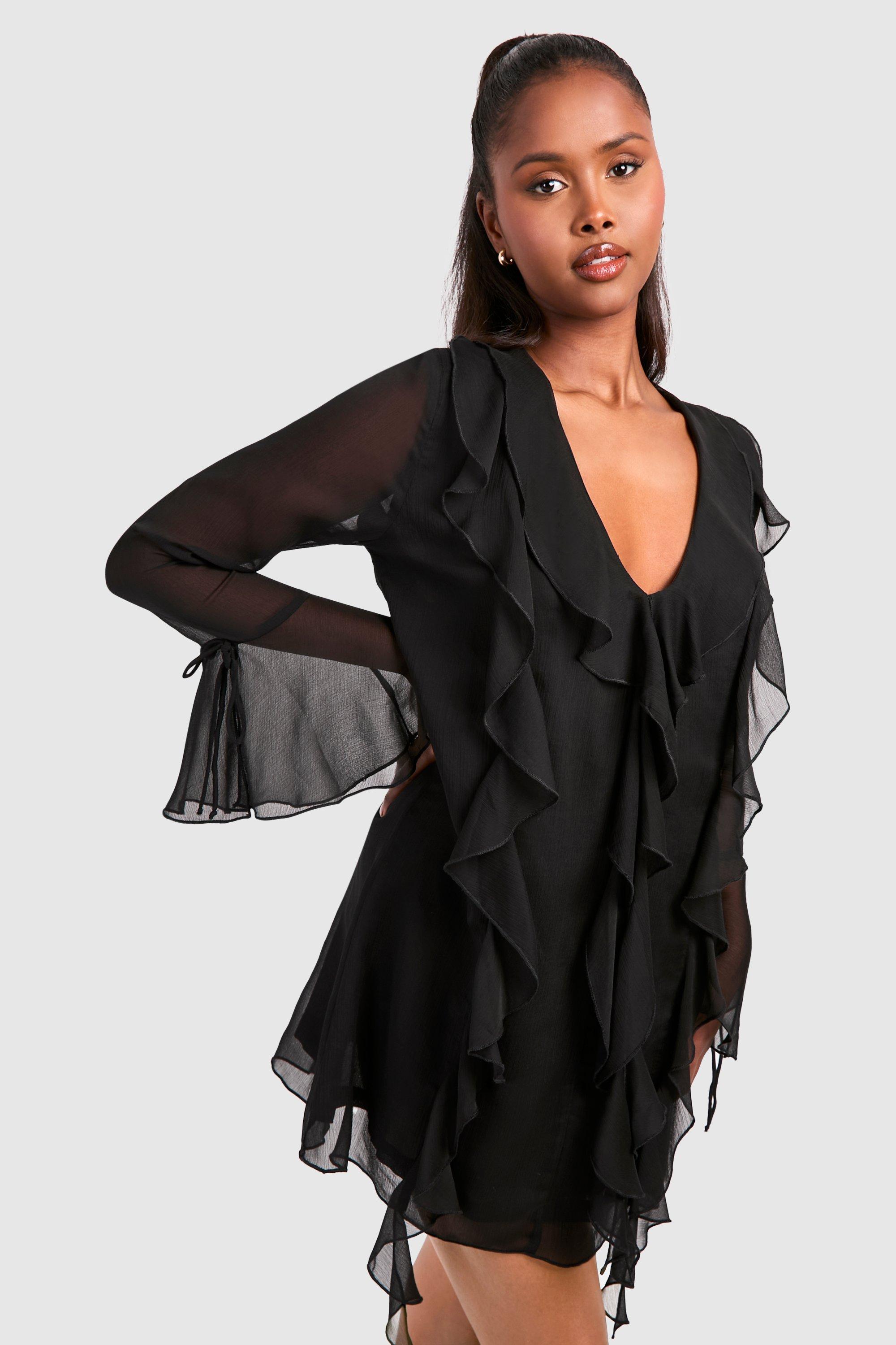 Black ruffle shift dress sale