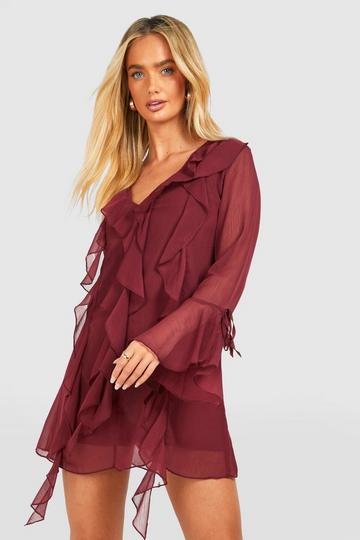 Chiffon Ruffle Shift Dress cherry