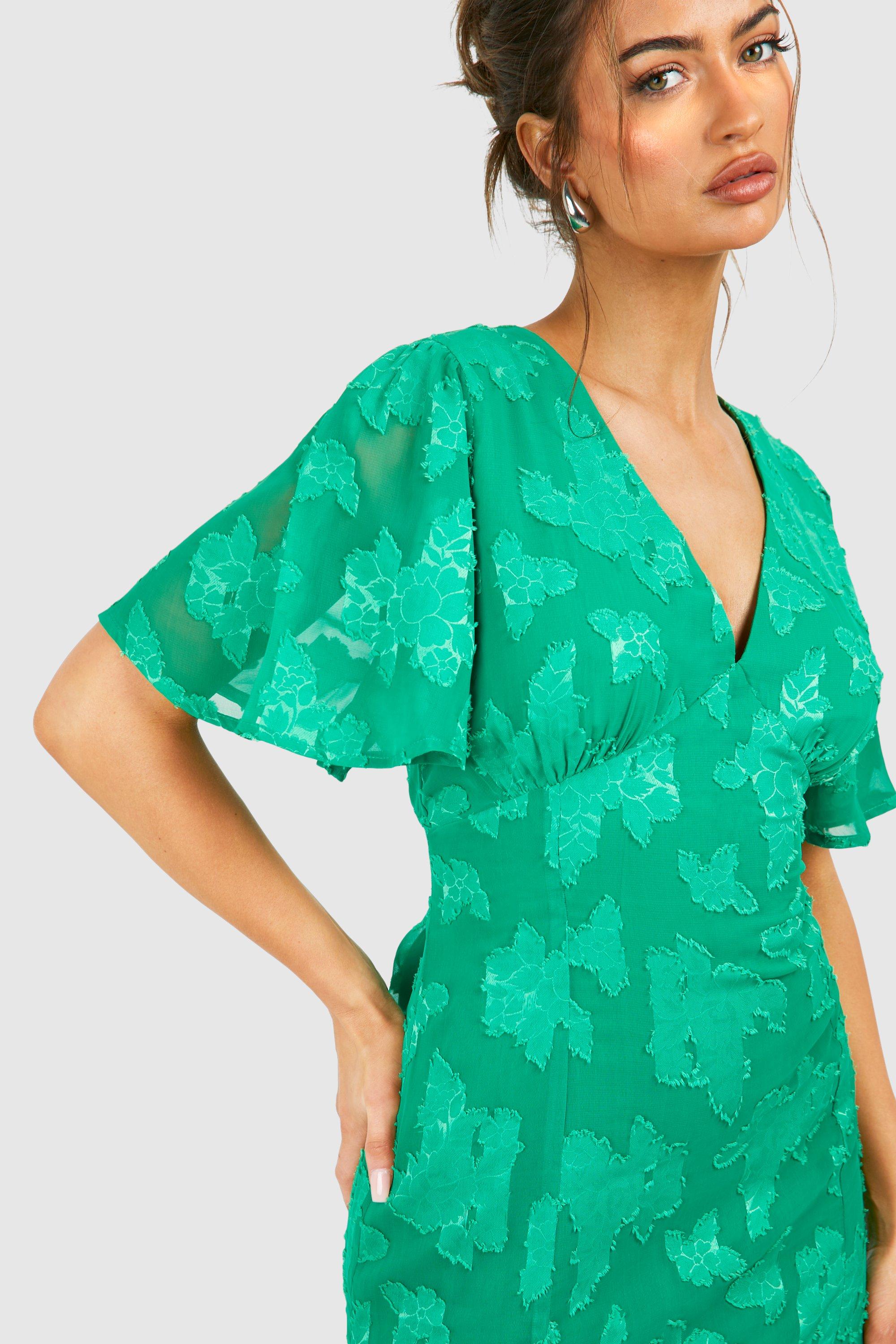 boohoo Burnout Floral Angel Sleeve Midi Dress Green Size 8