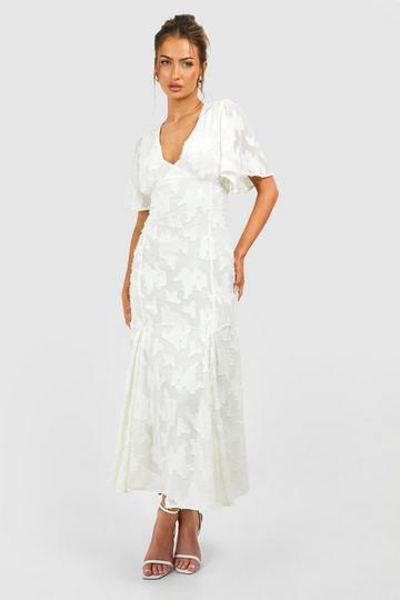 Burnout Floral Angel Sleeve Midi Dress white