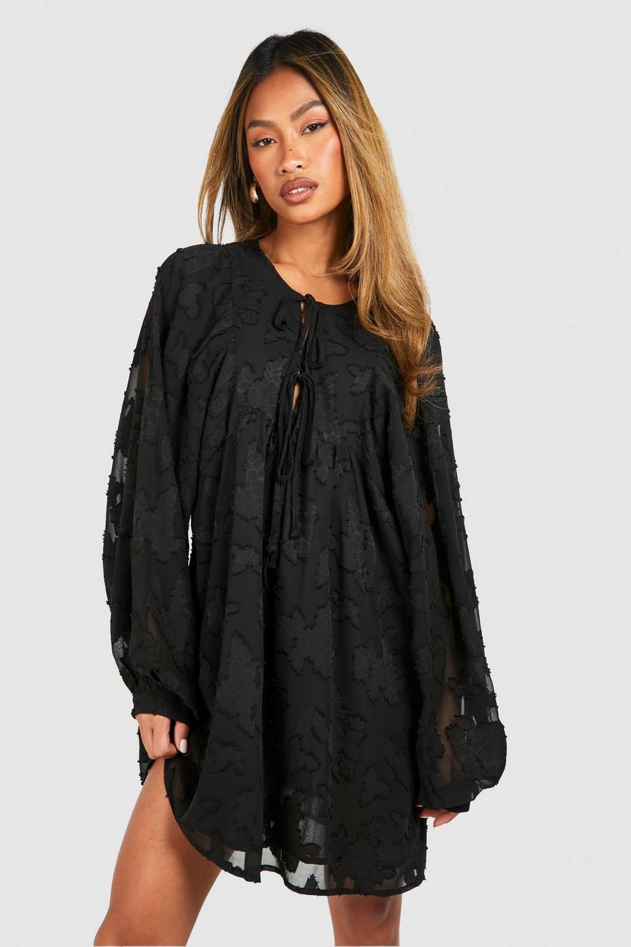 Black Burnout Floral Tie Front Smock Dress