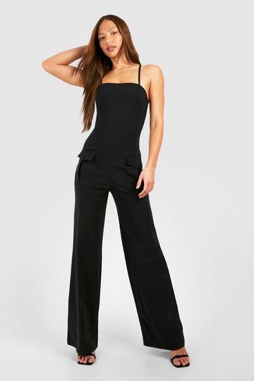 Tall Corset Detail Cargo Straight Leg Jumpsuit black