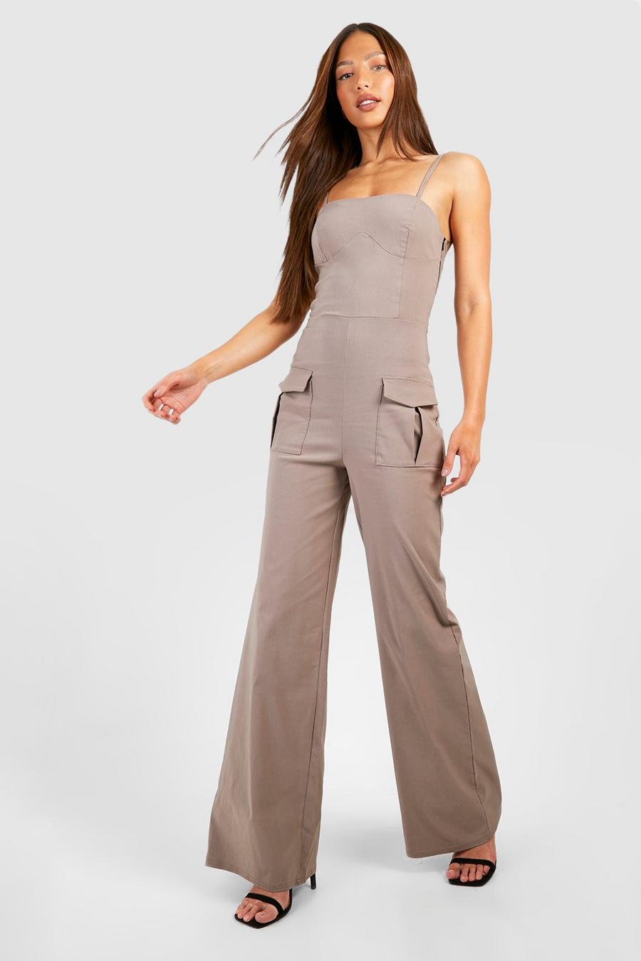 Taupe beige Tall Corset Detail Cargo Straight Leg Jumpsuit