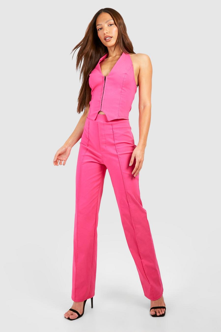 Conjunto Tall de pantalón recto y top con escote halter y detalle de costuras, Pink