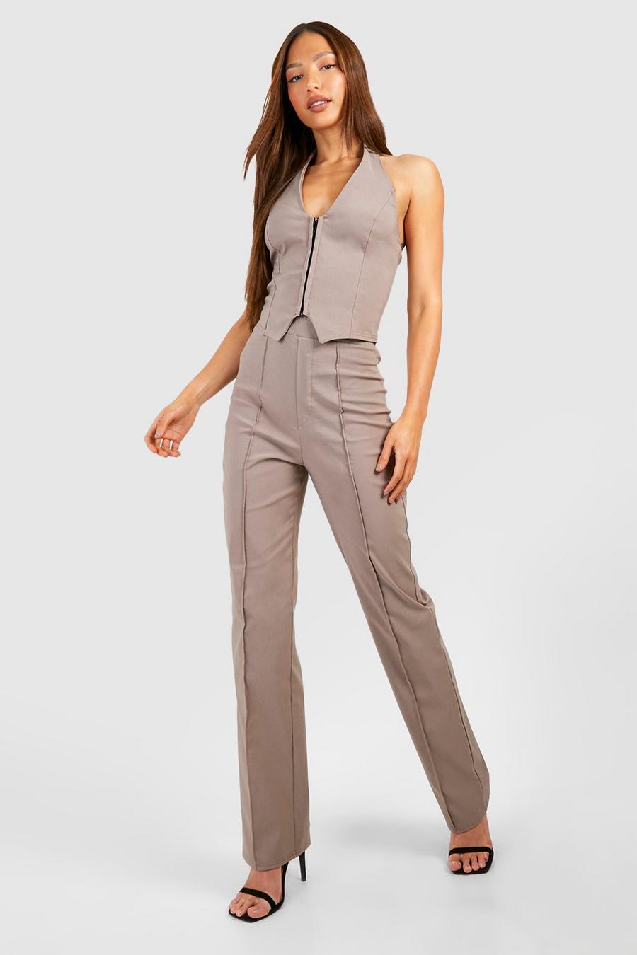 Taupe Tall Halterneck Seam Detail Top  & Straight Leg Trouser Set  image number 1