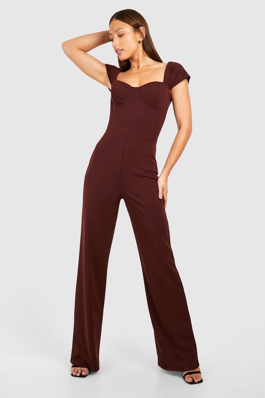 Chocolate Tall Crepe Corset Detail Off The Shoulder Jumpsuit  image number 1