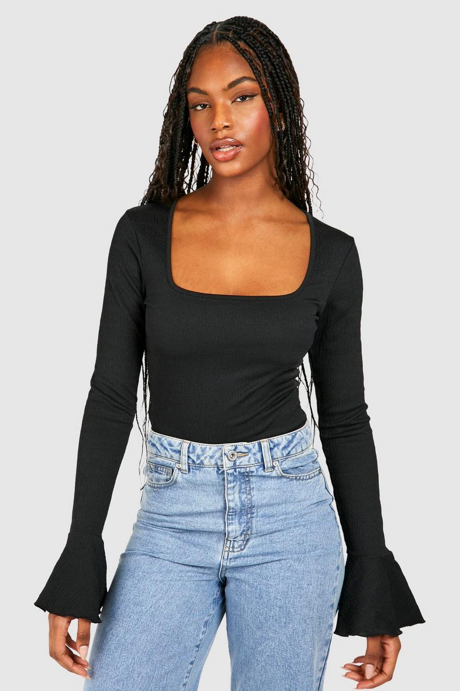 Black Tall Flared Cuff Textured Bodysuit image number 1