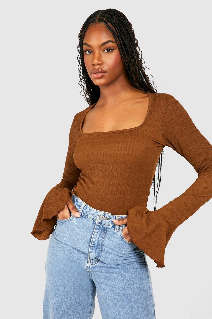 Chocolate Tall Flared Cuff Textured Bodysuit image number 1