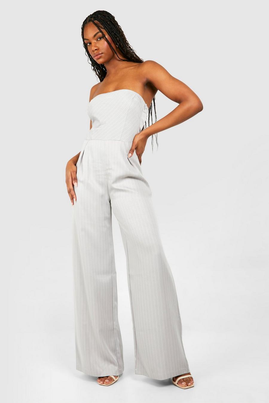 Ice grey Tall Pinstripe Bandeau Jumpsuit image number 1